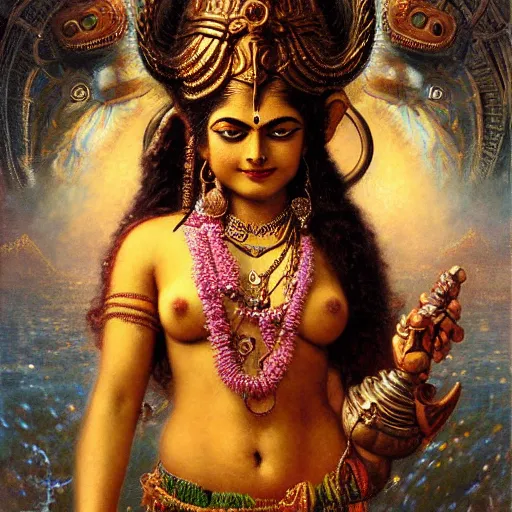 Image similar to detailed potrait of hindu god shiva with hightec vr headset steampunk head armour, girl graceful,, painting by gaston bussiere, craig mullins, j. c. leyendecker, lights, art by ernst haeckel, john william godward, hammershøi,,