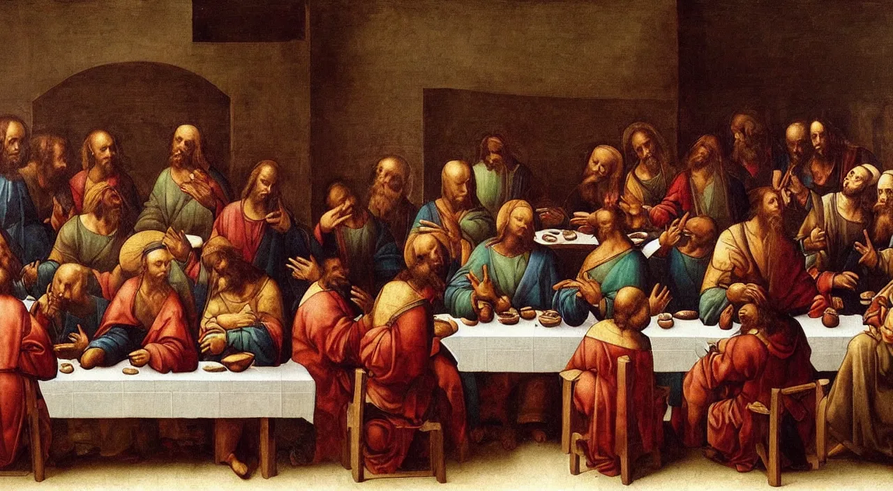 Image similar to “Painting of The Last Supper, everybody sat at the table staring at their smartphones, Leonardo Da Vinci, 1498, Tempera on gesso, pitch, and mastic”