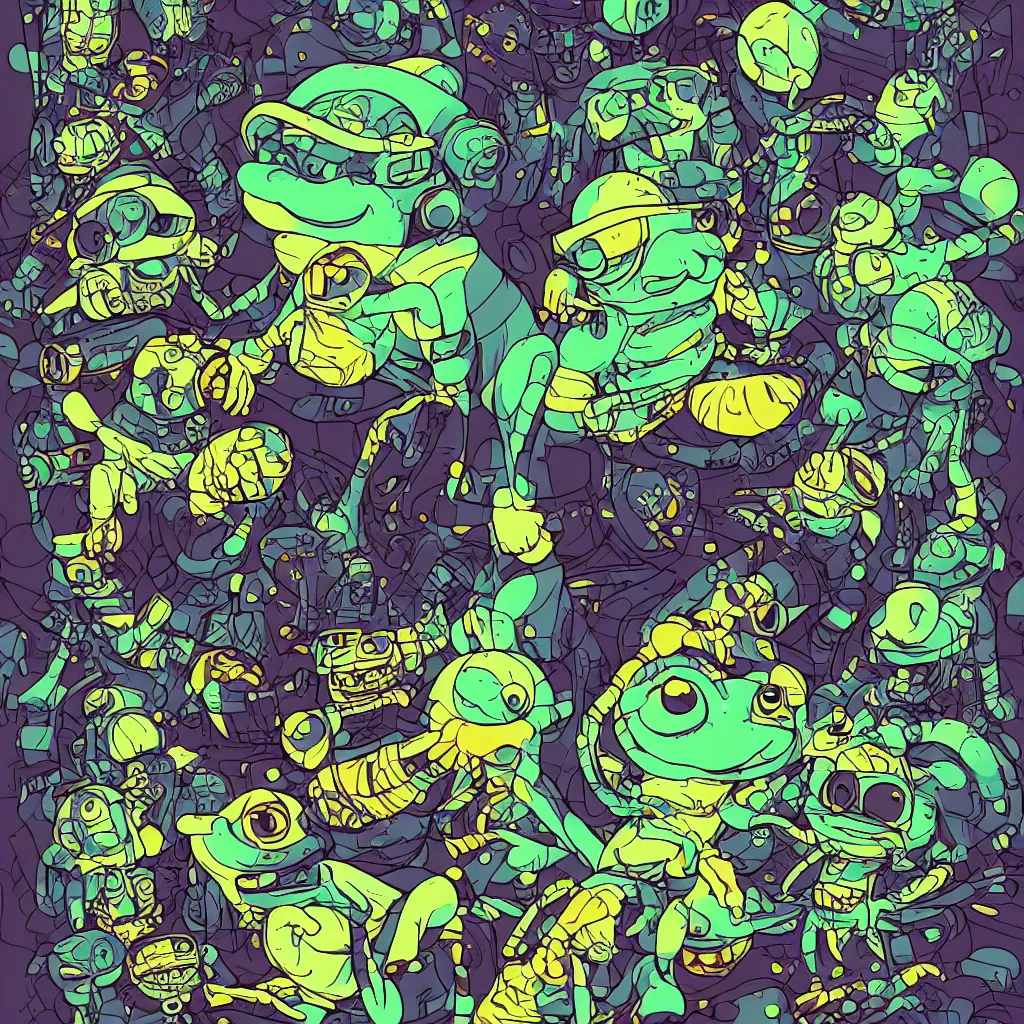 Image similar to toad head, ryuta ueda artwork, breakcore, style of jet set radio, y 2 k, gloom, space, cel - shaded art style, frogs, amphibians, sacred geometry, data, minimal, code, cybernetic, dark, eerie, cyber