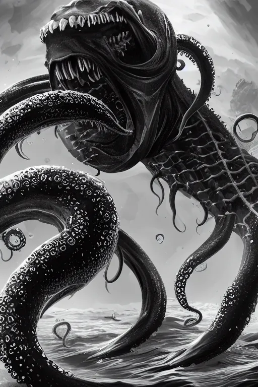 Image similar to black and white, sea enemies, extra teeth, tentacles, highly detailed, digital painting, artstation, concept art, sharp focus, illustration, unreal engine 5, 8 k