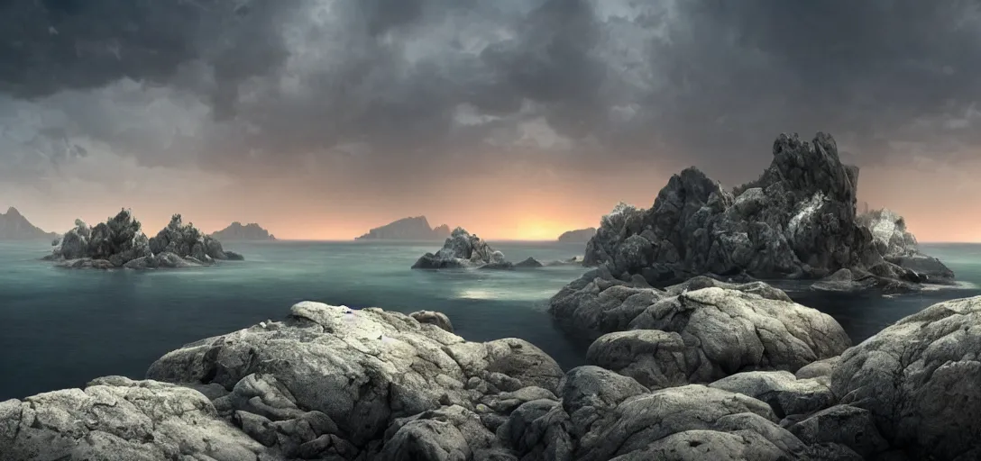 Image similar to octane render uhd, 8 k art photography, filmic lighting, cinematic art shot, hyperrealistic, hyperdetailed, super detailed, 8 k, high resolution, vast dark granite landscape with mysterious strangle glowing crystalline structure made of white rocks in the far distance, particle simulation, painting by ross tran and ivan aivazovsky, black water, sunset