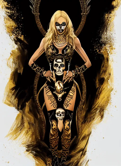 Prompt: a highly detailed illustration of fierce blonde tanned skin goddess wearing black and gold skull dress, dramatic powerful pose, perfect face, perfect body, intricate, elegant, highly detailed, centered, digital painting, artstation, concept art, smooth, sharp focus, league of legends concept art, wlop