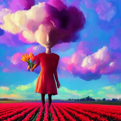 Image similar to girl with singular giant tulip as a head, surreal photography, flower field, sunset dramatic light, impressionist painting, colorful clouds, blue sky, digital painting, artstation, simon stalenhag