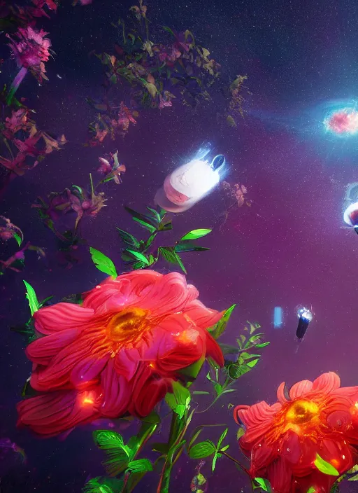 Image similar to An epic fantastic realism comic book style painting of the most beautiful flowers launched into space, bouquets, fisheye lens, unreal 5, DAZ, hyperrealistic, stars in the night sky, octane render, dynamic lighting