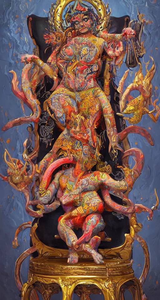 Image similar to a beautiful painting of a demon sitting on top of a chair, a high detailed painting by ram chandra shukla, pixiv contest winner, bengal school of art, detailed painting, maximalist, trending on artstation