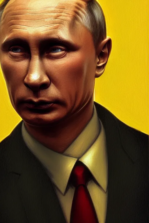 Image similar to vladimir putin as a yellow funny homer simpson, realistic portrait, symmetrical, highly detailed, digital painting, artstation, concept art, smooth, sharp focus, illustration, cinematic lighting, art by artgerm and greg rutkowski and alphonse mucha