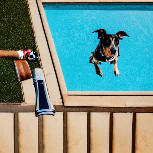 Image similar to a very detailed photo of a dog ( smoking a cigar ) outside the mansion by the pool