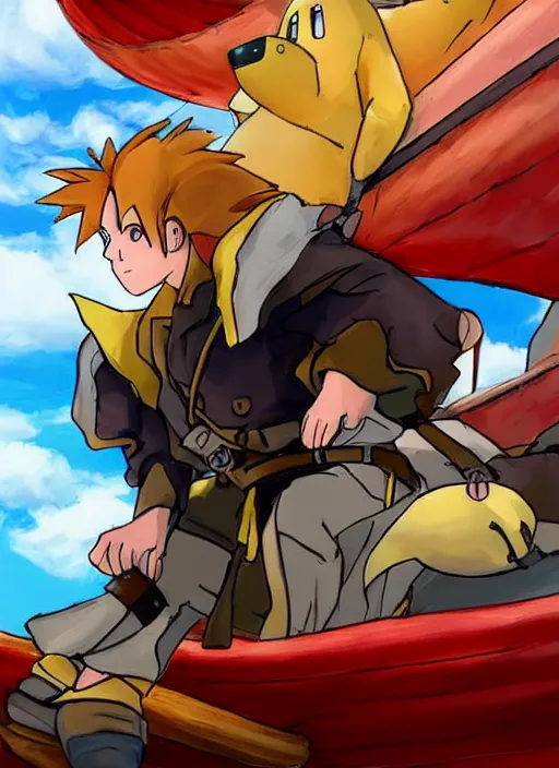 Image similar to A pokemon style portrait of a long haired, red headed male sky-pirate in front of an airship