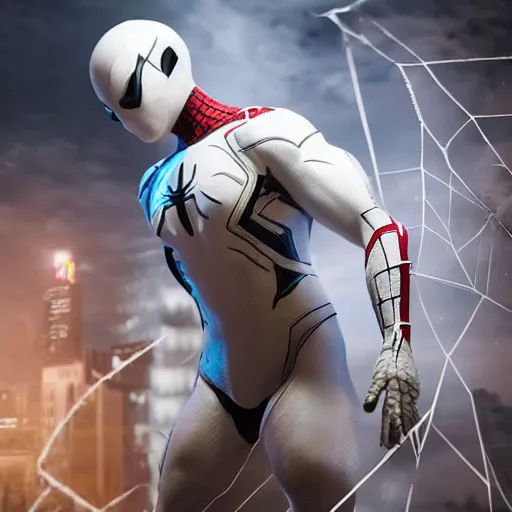 Image similar to white spider - man suit with black web lining, cinematic, volumetric lighting, realistic, hyperdetailed, photorealistic, photograph