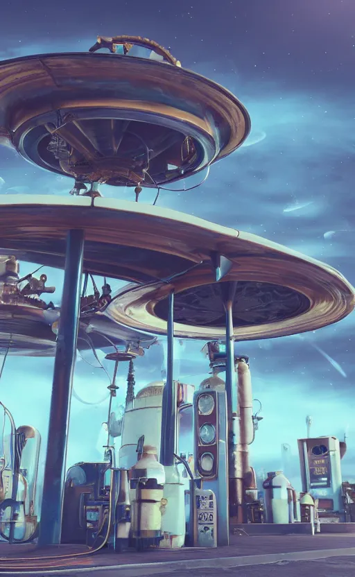 Image similar to steampunk gas station in space, 4 k, polished, photorealistic, hard edges, zoomed in, very coherent, sharp focus, rim light, exquisite lighting, blue gradient, hard edges, sci - fi, cinematic, octane render