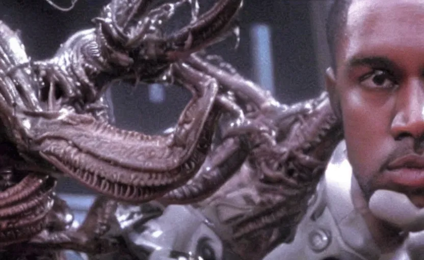 Prompt: the movie aliens starring kanye west facehugger scene vfx film