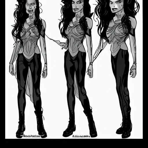 Image similar to character model sheet inspired by the Sandman Comic books, a character with long hair and dark clothing, black nails by MC Esther and Godmachine