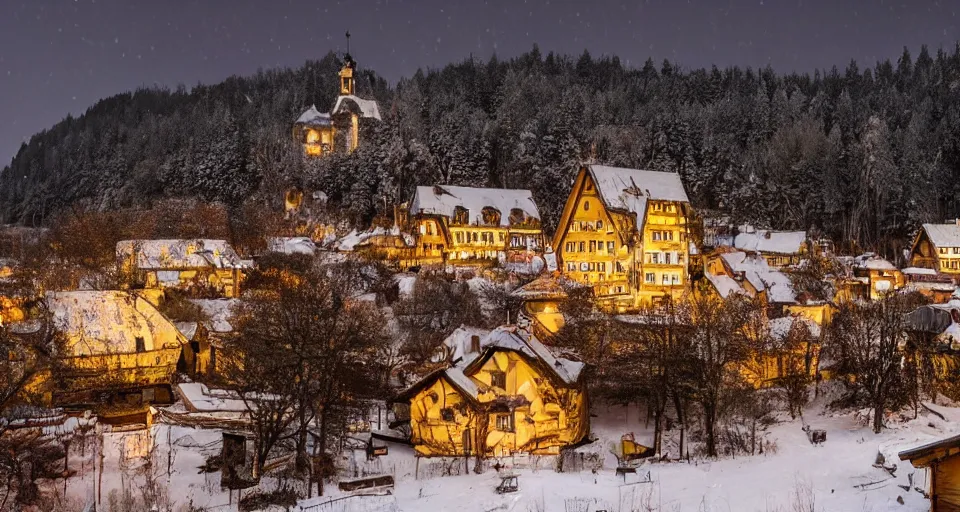 Image similar to an eerie abandoned village in the black forest at midnight illuminated by christmas lights