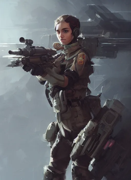 Image similar to of a beautiful sniper girl in war, with futuristic gear and helmet, portrait, in the style of greg rutkowski, artstation, high quality art