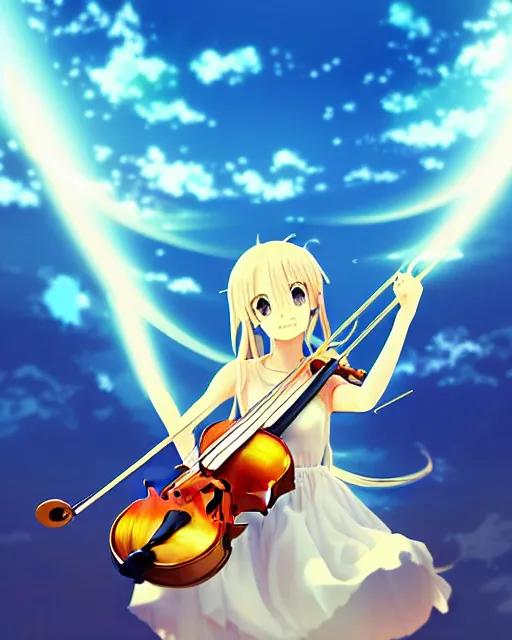 Image similar to anime style, creative, full body, a cute girl with white skin and golden long wavy hair holding a violin and playing a song, heavenly, stunning, realistic light and shadow effects, happy, centered, landscape shot, happy, simple background, studio ghibly makoto shinkai yuji yamaguchi