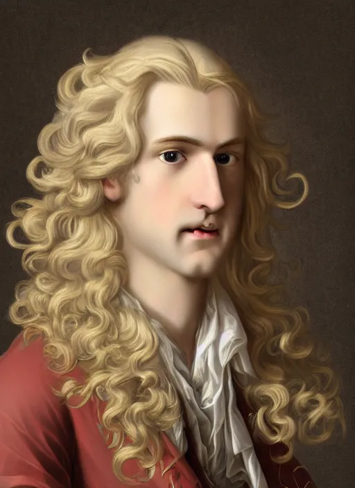 Image similar to portrait of a smiling blond handsome man with long hair in baroque art, anime inspired, High Res 8K,hyperdetailed