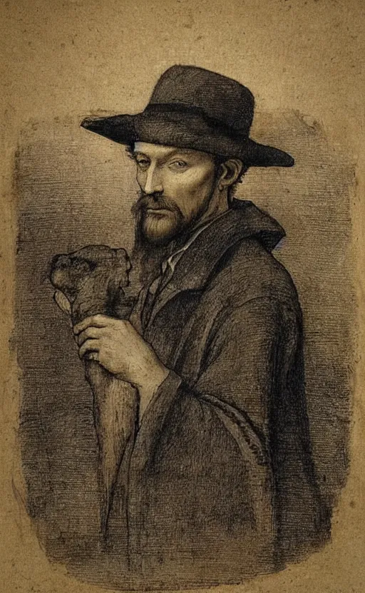 Prompt: portrait of Sherlock holmes with a deerstalker hat by Leonardo da vinci, renaissance art, high quality scan