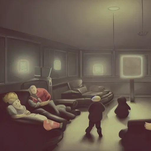 Image similar to pov shot behind a a family sat on a sofa watching mind control TV propoganda in an eerie room, trending on artstation, dystopian and depressing