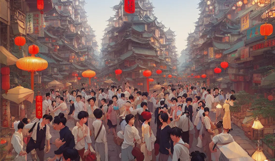 Image similar to busy chinese city, summer, in the style of studio ghibli, j. c. leyendecker, greg rutkowski, artem