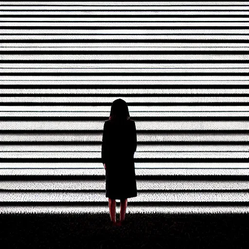 Image similar to a woman standing on steps in a field at night, a hologram by kusama, instagram, optical illusion, full body, ultra hd, neon