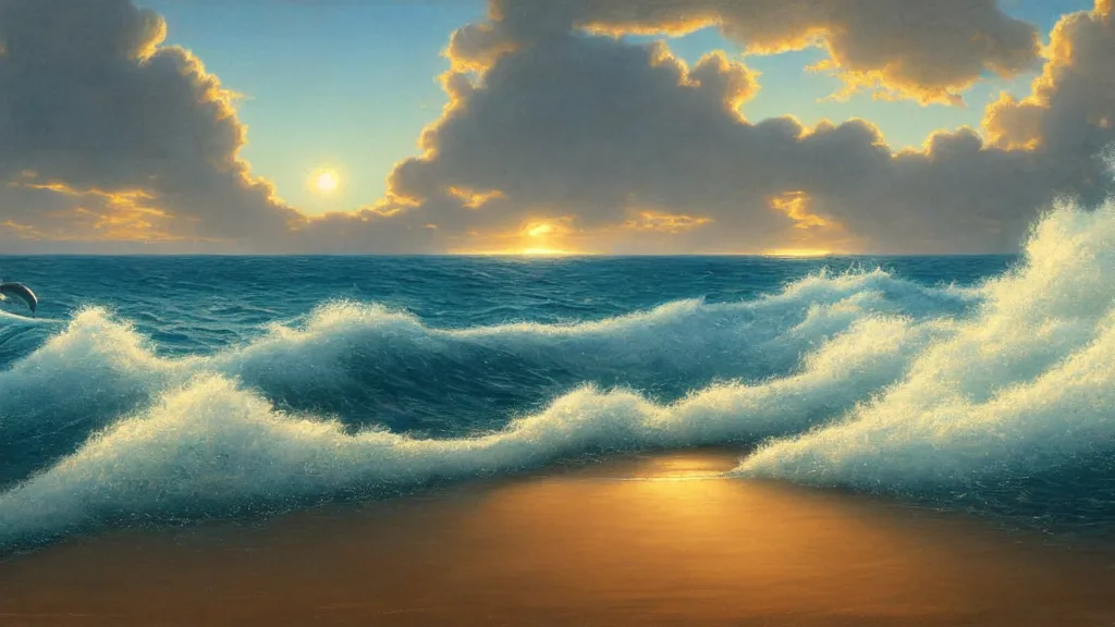 Image similar to first person view of breaking waves on the shore, summer, clear beautiful sky, bright sky, dolphins dolphin swimming, peaceful, amazing, by andreas rocha and john howe, and Martin Johnson Heade, featured on artstation, featured on behance, golden ratio, ultrawide angle, f32, well composed