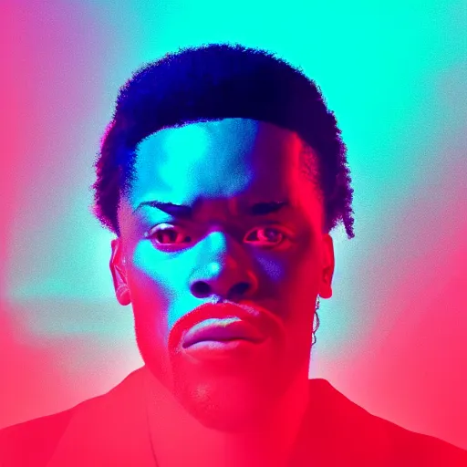 Image similar to an album cover of a man with his hand on his chin, featured on unsplash, afrofuturism, synthwave anaglyph filter, studio portrait