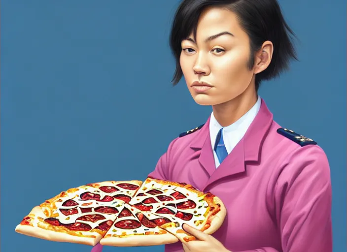 Image similar to portrait of a Asian Mexican mix race young woman school with short hair wearing a navy and white sepuku uniform and eating a pizza on a pink floatie in Kalakaua avenue in Waikiki beach, intricate, elegant, highly detailed, centered, digital painting, artstation, concept art, smooth, sharp focus, illustration, by Peter Mohrbacher, WLOP