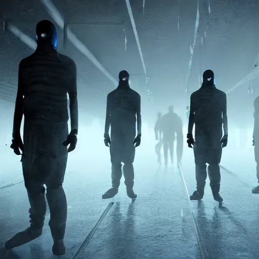 Image similar to illustration of rows of limp humans hanging like clothing in an ice box, rolling fog, cyberpunk, dystopian, dramatic lighting, unreal engine 5