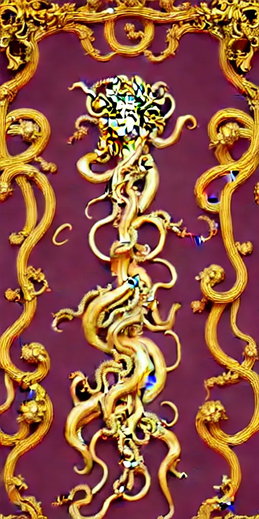 Prompt: the source of future growth dramatic, elaborate emotive Golden Baroque and Rococo styles to emphasise beauty as a transcendental, seamless pattern, symmetrical, large motifs,versace medusa logo in centre, bvlgari jewelry, rainbow syrup splashing and flowing, Palace of Versailles, 8k image, supersharp, spirals and swirls in rococo style, medallions, iridescent black and rainbow colors with gold accents, perfect symmetry, High Definition, photorealistic, masterpiece, 3D, no blur, sharp focus, photorealistic, insanely detailed and intricate, cinematic lighting, Octane render, epic scene, 8K