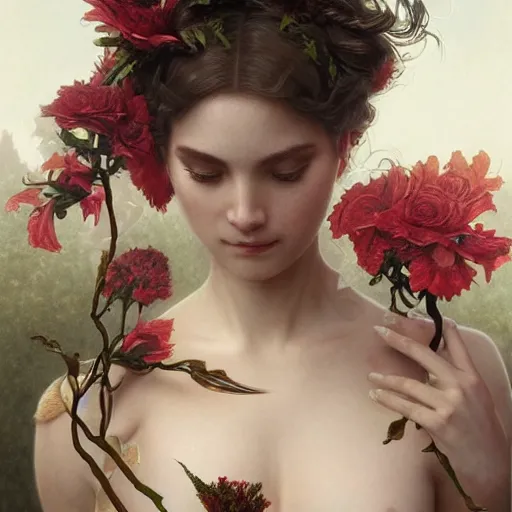 Image similar to goddesses, full body, blood everywhere, bay leafes, tendrils, flowers, intricate, elegant, highly detailed, digital painting, artstation, concept art, smooth, sharp focus, illustration, art by artgerm and greg rutkowski and and william - adolphe bouguereau and stephanie law