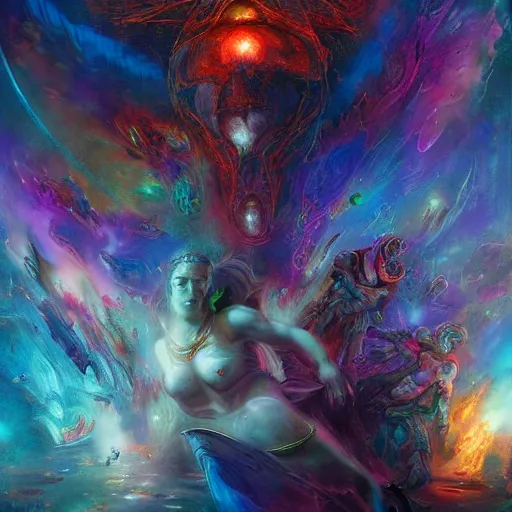 Prompt: dmt trip interdimensional beings by raymond swanland, highly detailed, bright tones