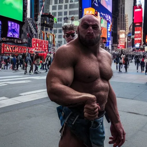 Prompt: A stocky half-orc standing in Times Square, towering over the crowds, today's featured photography 4k