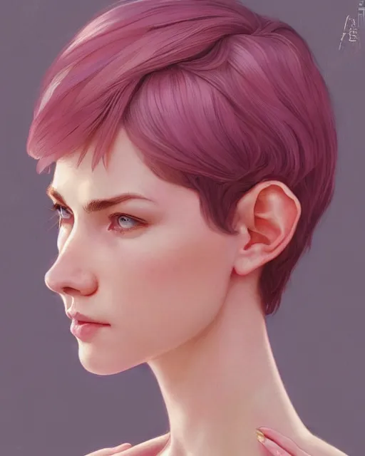 Image similar to portrait of pink short haired half elf with bangs, intricate, elegant, highly detailed, my rendition, digital painting, artstation, concept art, smooth, sharp focus, illustration, art by artgerm and greg rutkowski and alphonse mucha and uang guangjian and gil elvgren and sachin teng and wlop, symmetry!!