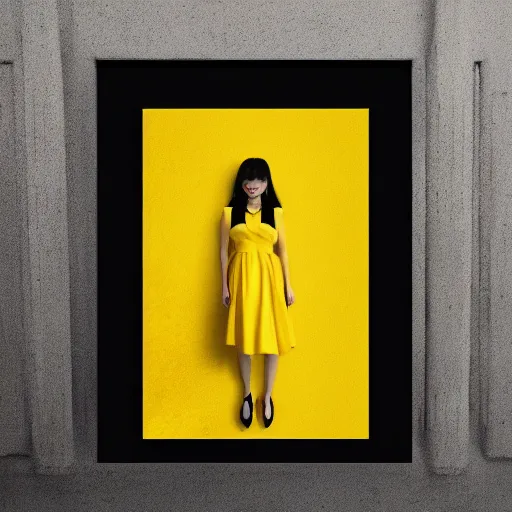 Prompt: woman in a yellow dress, an album cover by kim deuk - sin, tech wear, intricate, trending on cg society, pop surrealism, horror film, movie poster, dark