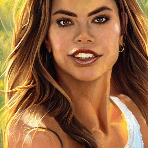 Image similar to clear portrait of sofia vergara, adorable appearance!!!, golden hour, happy apearance, cottagecore!!, background hyper detailed, character concept, full body, dynamic pose, intricate, elegant, highly detailed, digital painting, artstation, concept art, smooth, sharp focus, illustration, art by artgerm and greg rutkowski and alphonse mucha