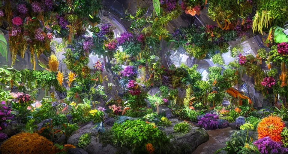 Prompt: a museum exhibition of plants and creatures from other planets, museum, exhibition, show, alien plant life, spiraling, vibrant scene, steps, flowers, beautiful, volumetric lighting, environment concept, hyper realistic, 8 k render, unreal engine 5 render