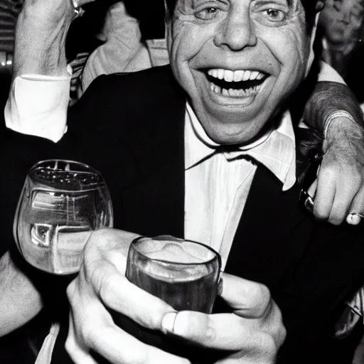 Prompt: jerry lewis drinking pbr at a dance club, big smile, realistic