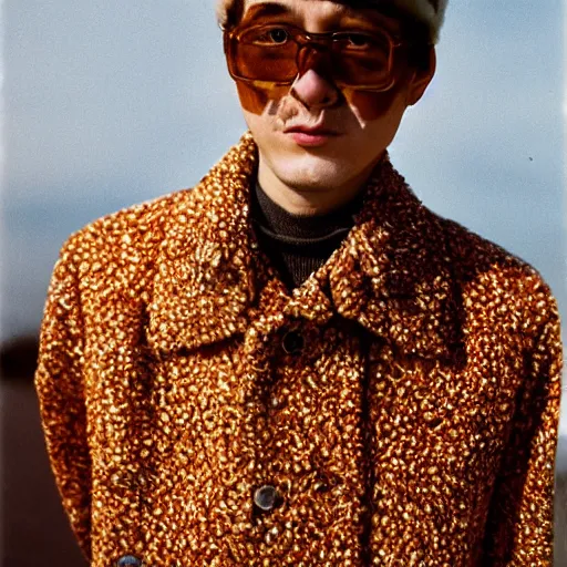 Image similar to a man wearing a colgate coat designed by dries van noten, by martin parr