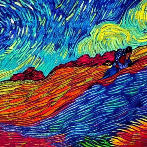 Image similar to A dreaming person sees another far away person above a colourfull van Gogh style field while both person are surrounded by a colourful wind aura around their chests, dream, 40nm lens, shallow depth of field, split lighting, 4k,