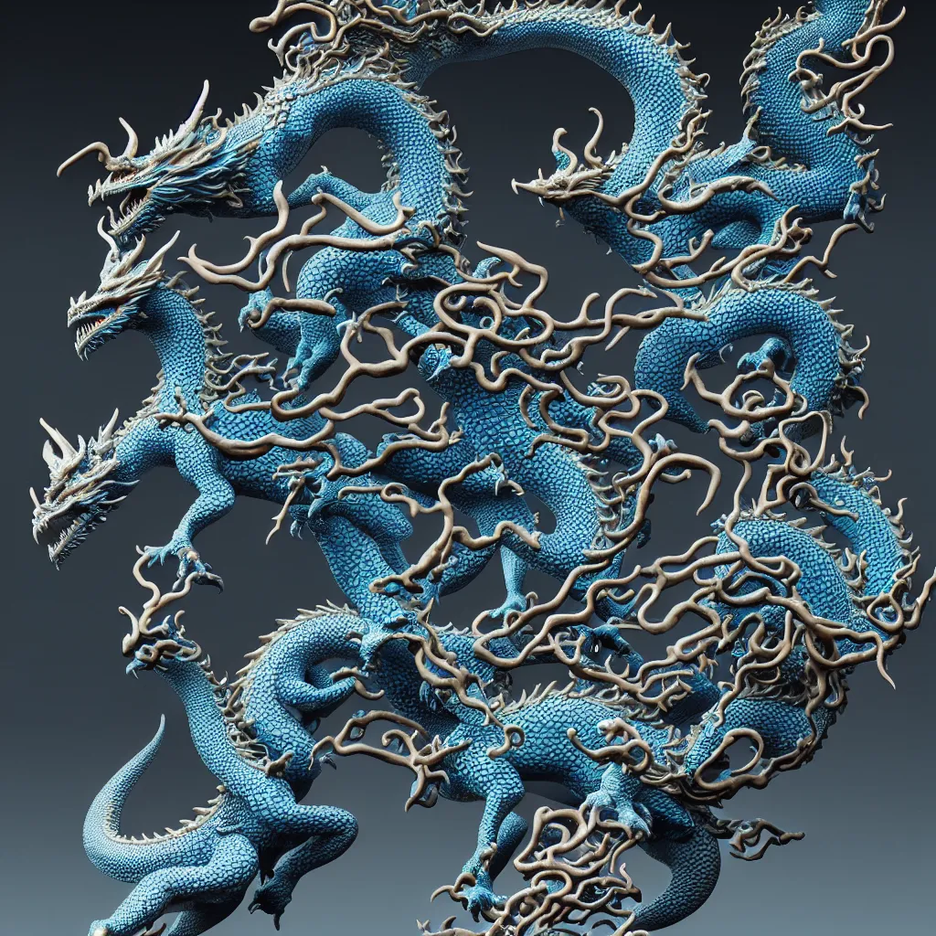 Prompt: a closeup photo - real delicate ceramic porcelain sculpture of an ornate detailed dragons fighting in front of a intricate background by victo ngai and takato yamamoto, micro detail, backlit lighting, subsurface scattering, translucent, thin porcelain, octane renderer, black and neon blue, physically based rendering, japanese pottery, trending on cgsociety