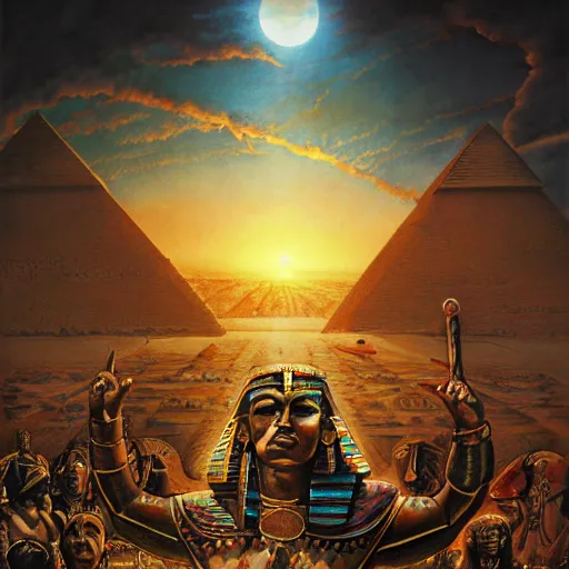 Image similar to epic disasterpiece Egyptian Sun God surrendering to darkness by Ken Kelly, photorealistic, cinematic, fantastic reality, detailed, intricate dramatic lighting, establishing shot, 8k resolution – W 1024