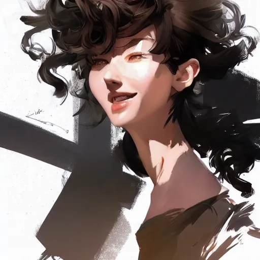 Image similar to a beautiful girl with short curly brown hair in a ponytail, a pointy chin, smiling sweetly, dramatic lighting, illustration by Rossdraws, yoji shinkawa, 4k, digital art, concept art, trending on artstation