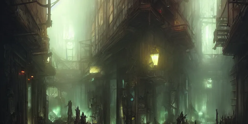 Prompt: dark city alleyway by bastien lecouffe - deharme and charles bowater, greg rutkowski, adventure game, inspired by diablo concept art