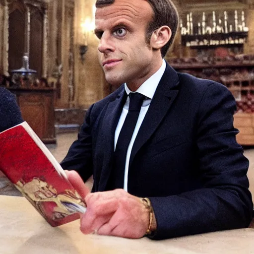 Prompt: Macron in Harry Potter movie