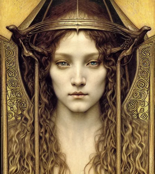 Image similar to detailed realistic beautiful young medieval queen face portrait by jean delville, gustave dore and marco mazzoni, art nouveau, symbolist, visionary, gothic, pre - raphaelite. horizontal symmetry