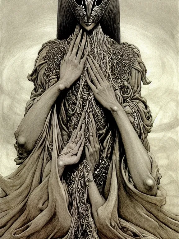 Image similar to soaring woman wearing a giant mask with many thick long blades behind head. dressed in a long robe with wide sleeves and making namaste / anjali mudra gesture. highly detailed, symmetric, concept art, masterpiece, fantasy art, hyperdetailed, hyperrealism, art by zdzisław beksinski, arthur rackham, dariusz zawadzki