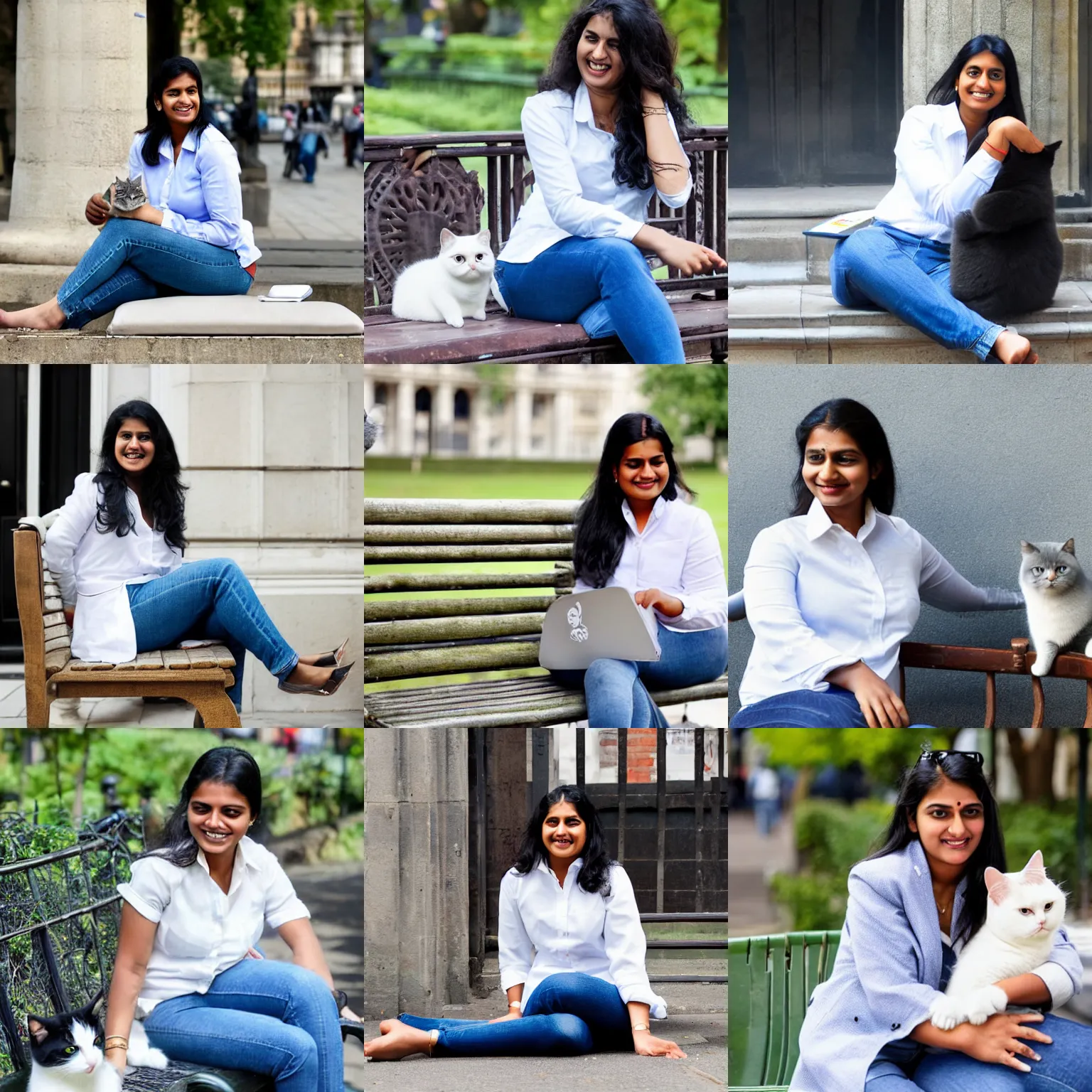 Prompt: A young Indian businesswoman, sitting on a bench, smiling, wearing a white shirt and blue jeans, a British blue shorthair cat is curled up in her lap, London