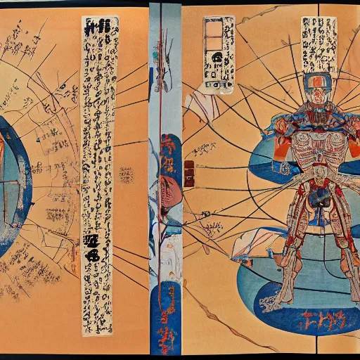 Image similar to a brilliantly colored Japanese scroll of an exploded diagram of a detailed engineering schematic of a cyborg samurai made by an AI in the pose vitruvian man in the style of jean giraud , post-processing , award winning, photo realistic, aged blood stains