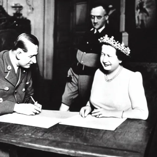 Image similar to 5 0 mm 1 9 4 6 historical photo, of a single german general and a young queen elizabeth signing a peace treaty, a cute corgi watches, french village interior, highly detailed, sharp focus, symmetrical face