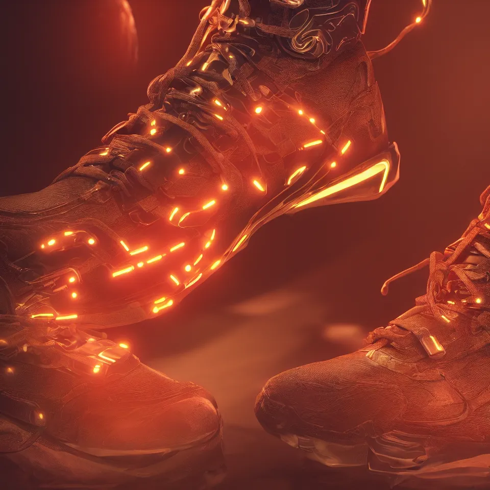 Image similar to realistic 8 k sculpture of a cyberpunk sneaker with neon illuminated rubber soles and soft orange shoelaces, beautiful studio lighting, soft, sharp focus, cyberpunk, intricate detail, gold and red accents, soft rubber, octane render, trending on artstation, deviantart, art by hiroshi fujiwara